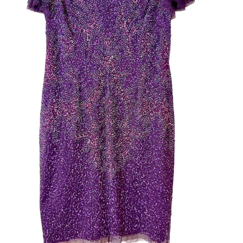 Adrianna Papell Flutter Sleeve Beaded Sequin Dress 14 NYE Glam Cocktail Coquette - Picture 7 of 11